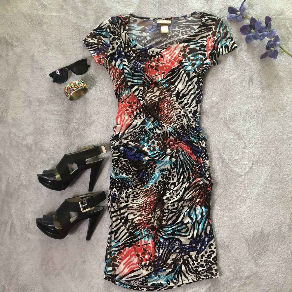 Miss Tina drape and fitted dress abstract print